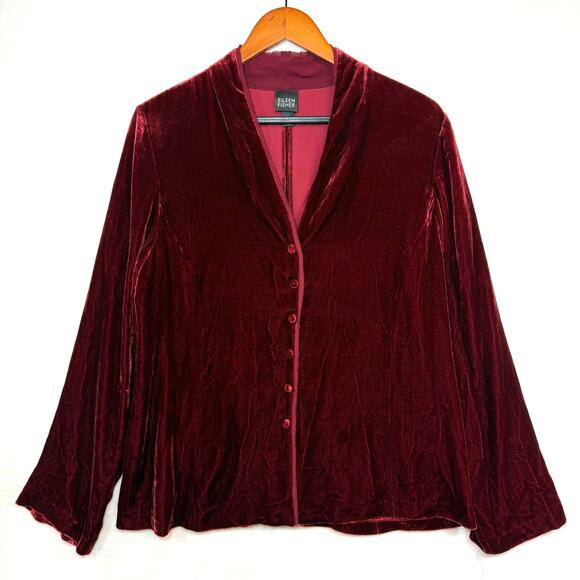 Eileen Fisher M Deep Red Velvet Silk Top‎ Buttoned Goth Vampire Dark Sexy V-Neck - Picture 1 of 11